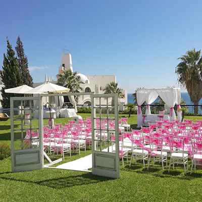 White outdoor wedding ceremony decor